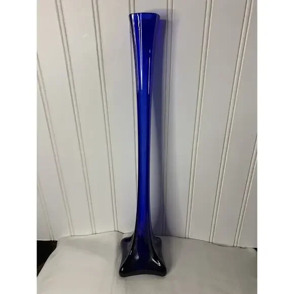 Vintage Cobalt Blue‎ & Clear Art Glass Bud Vase Square 15 3/4” Tall - Picture 6 of 6